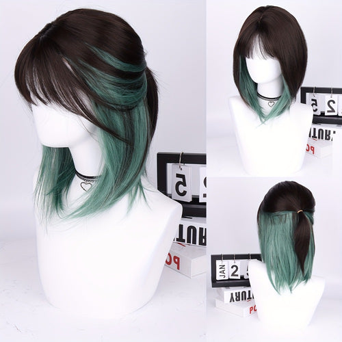 Synthetic Bob Wig with Bangs Ombre Color — 150% Density, Short Straight, Rose Net Cap, Brown Black with Wine Red, Pink or Green, 16 Inch, Halloween Cosplay Party