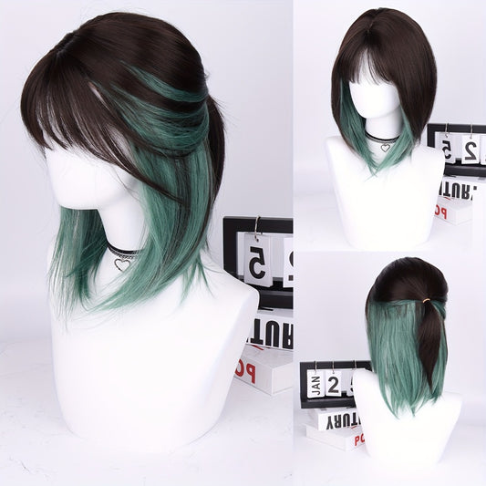 Women's Dark Black Green Ombre 16-Inch Short Bob Straight Wig with Bangs - High-Density 150% Synthetic Hair, Rose Net Cap for Halloween, Christmas, Cosplay & Parties - Elegant Style, Suitable for All Ethnicities, Party Accessory