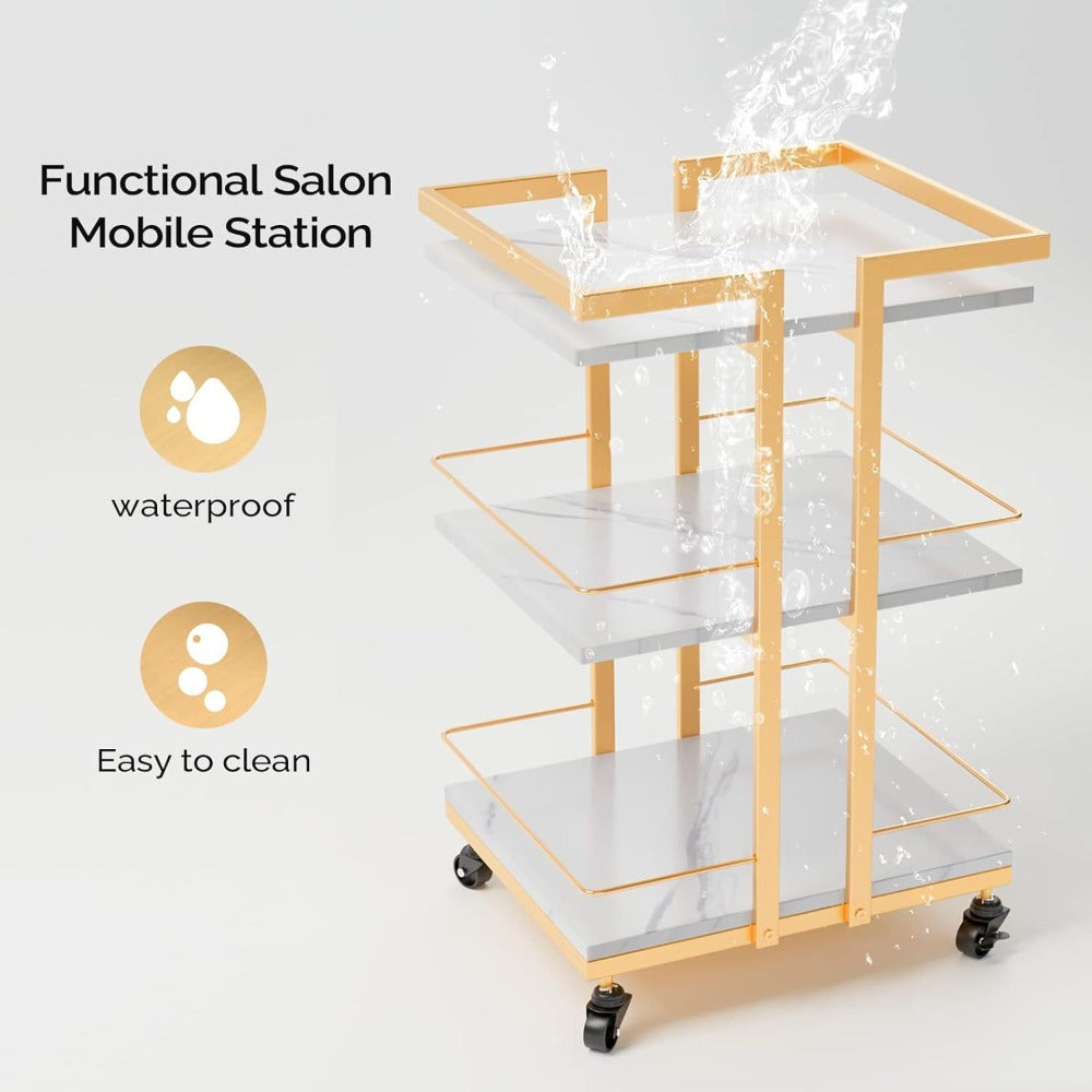 Esthetician Cart with Wheels Utility Salon Rolling Trolley, Golden Mobile Storage Organizer for Beauty Spa Cosmetology Massage, Tattoo Manicure Facial Tool Holder Station