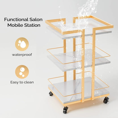 Salon Rolling Trolley Cart 3-Shelf with Lockable Wheels 130lbs per Shelf - Metal Frame Utility Cart for Esthetician, Spa, Tattoo, Massage & Manicure, Golden White Rose Gold Black