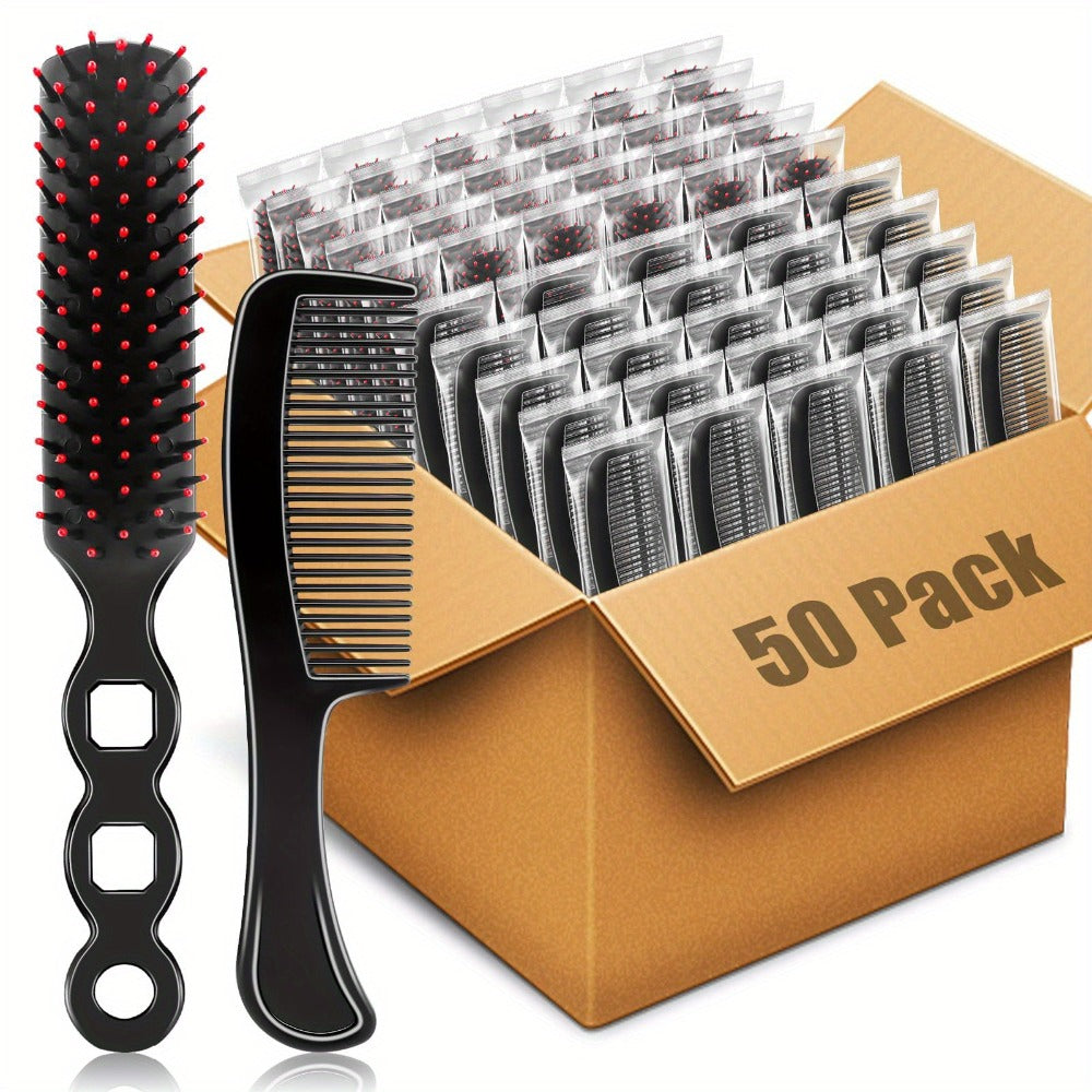 Bulk Hair Brushes & Combs Set 50pcs - Detangling Hairbrush with Fine Tooth Comb, Individually Wrapped Hygienic Packaging for Travel, Charity, Hotel & Salon Distribution