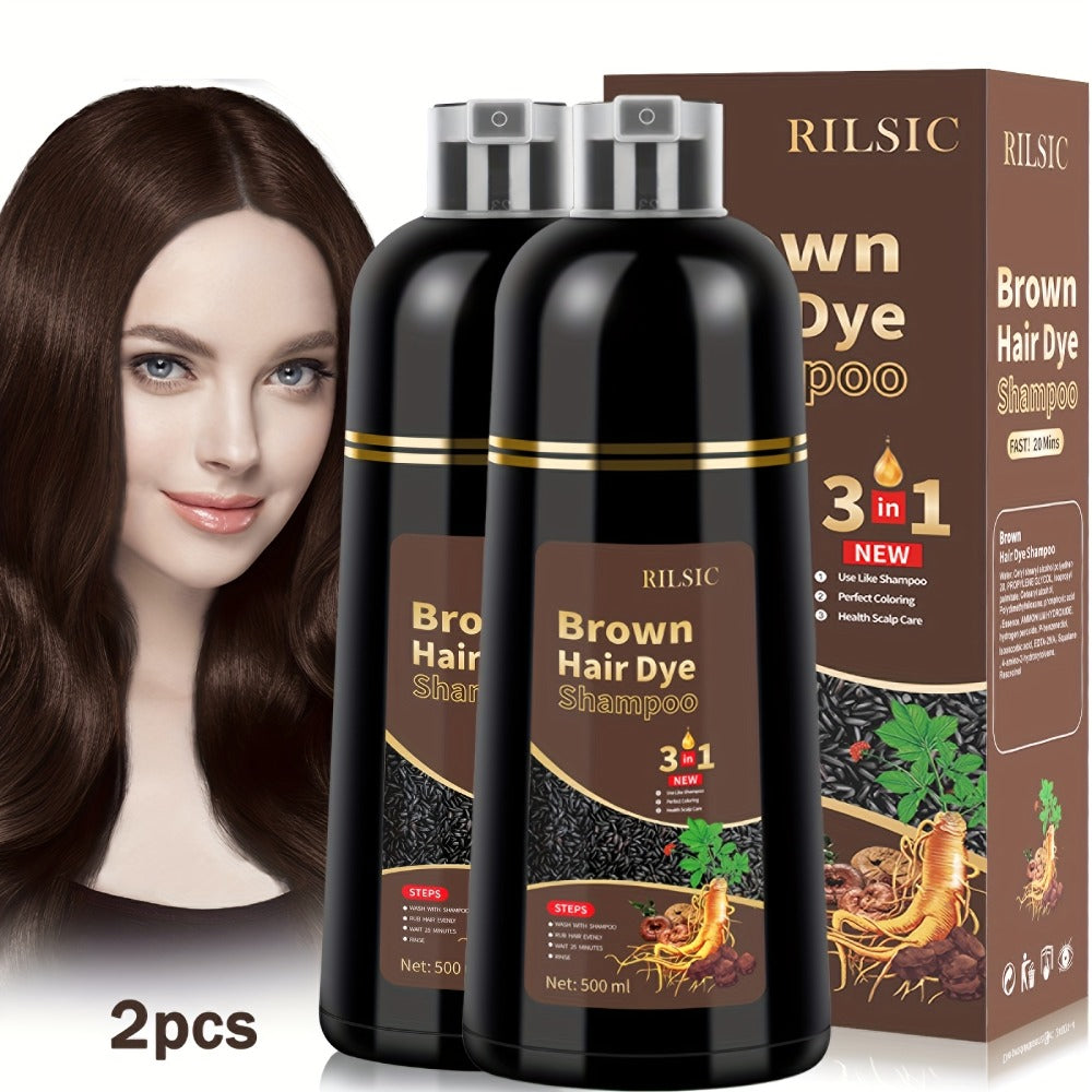 Hair Dye Shampoo 2 Pack Grey Hair 3-in-1 Herbal Plant-Based Squalane Colors in Minutes Kit with Gloves Earmuffs Headgear Shawl Black Brown 500ml Each