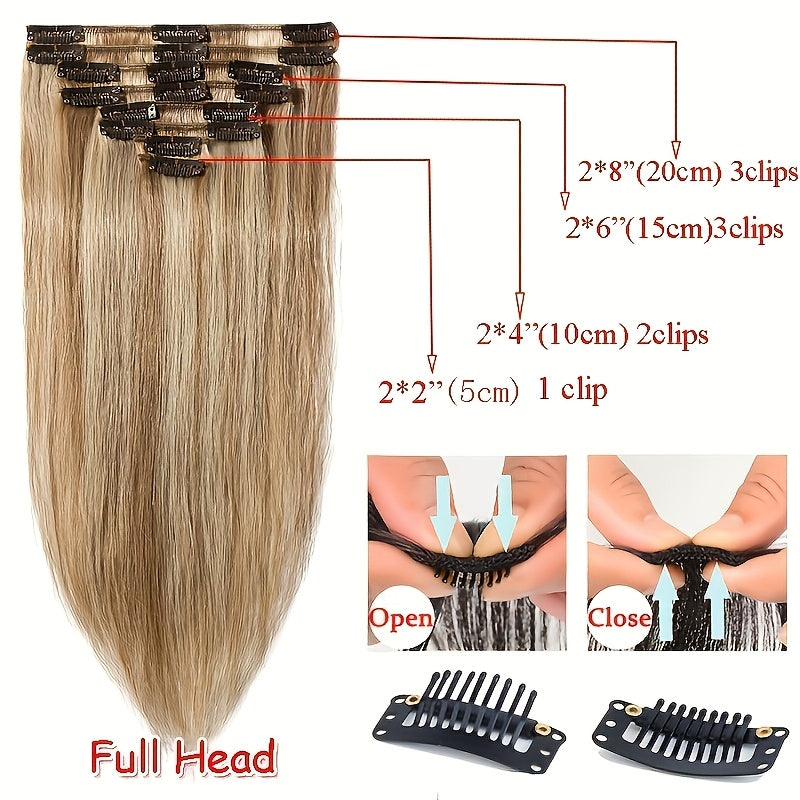 Set of 8 Human Hair Clip-In Extensions, Straight Remy Hair in Highlighted Blonde, Perfect for a Full Head Look for Women