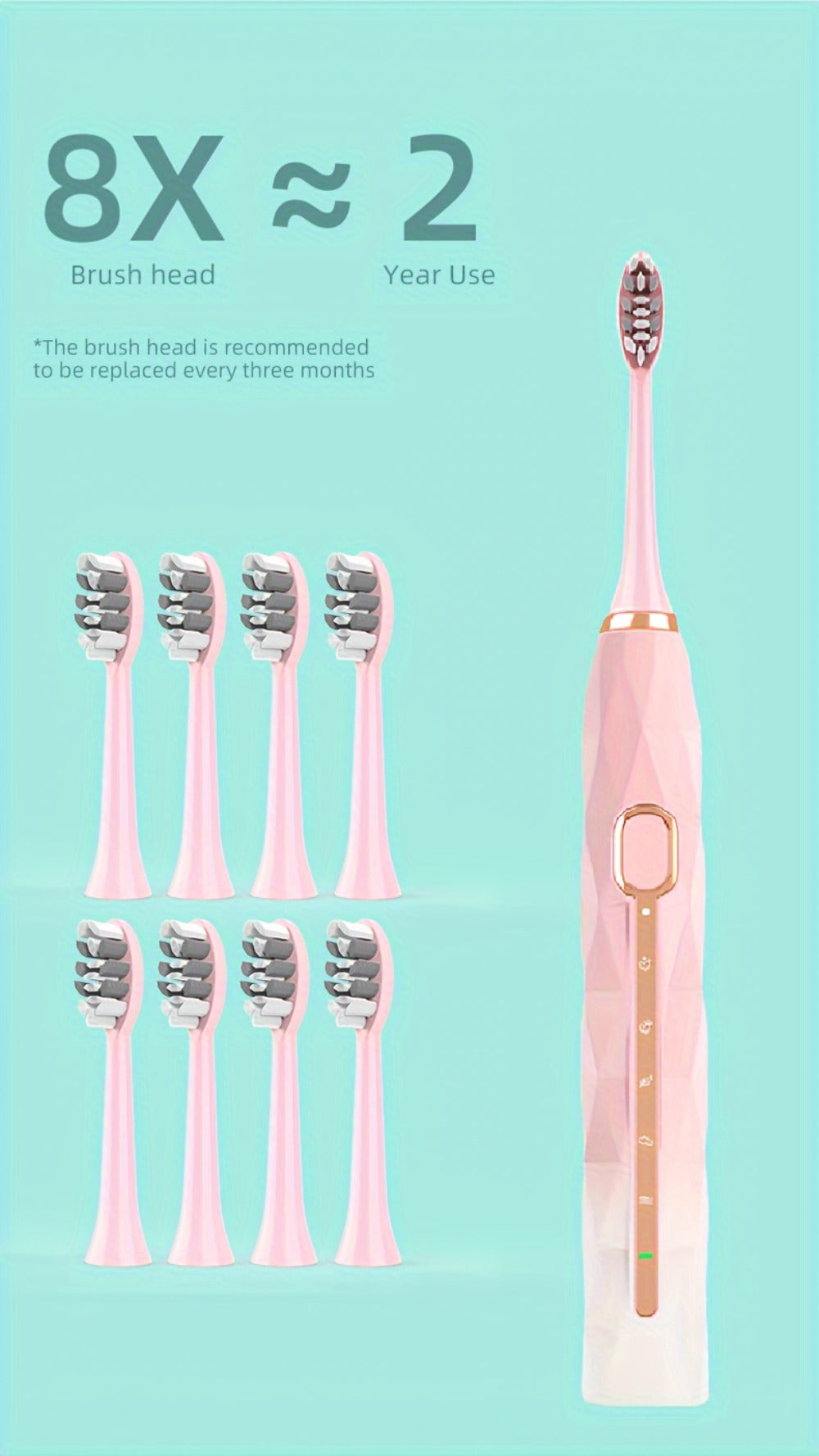 Sonic Electric Toothbrush That Is with an IPX8 Rating, Includes 8 Replacement Brush Heads, a Travel Case, And USB Charging. It Features a Metal Shaft Suitable for Both Adult Males And Females, Comes with a Toothbrush Holder