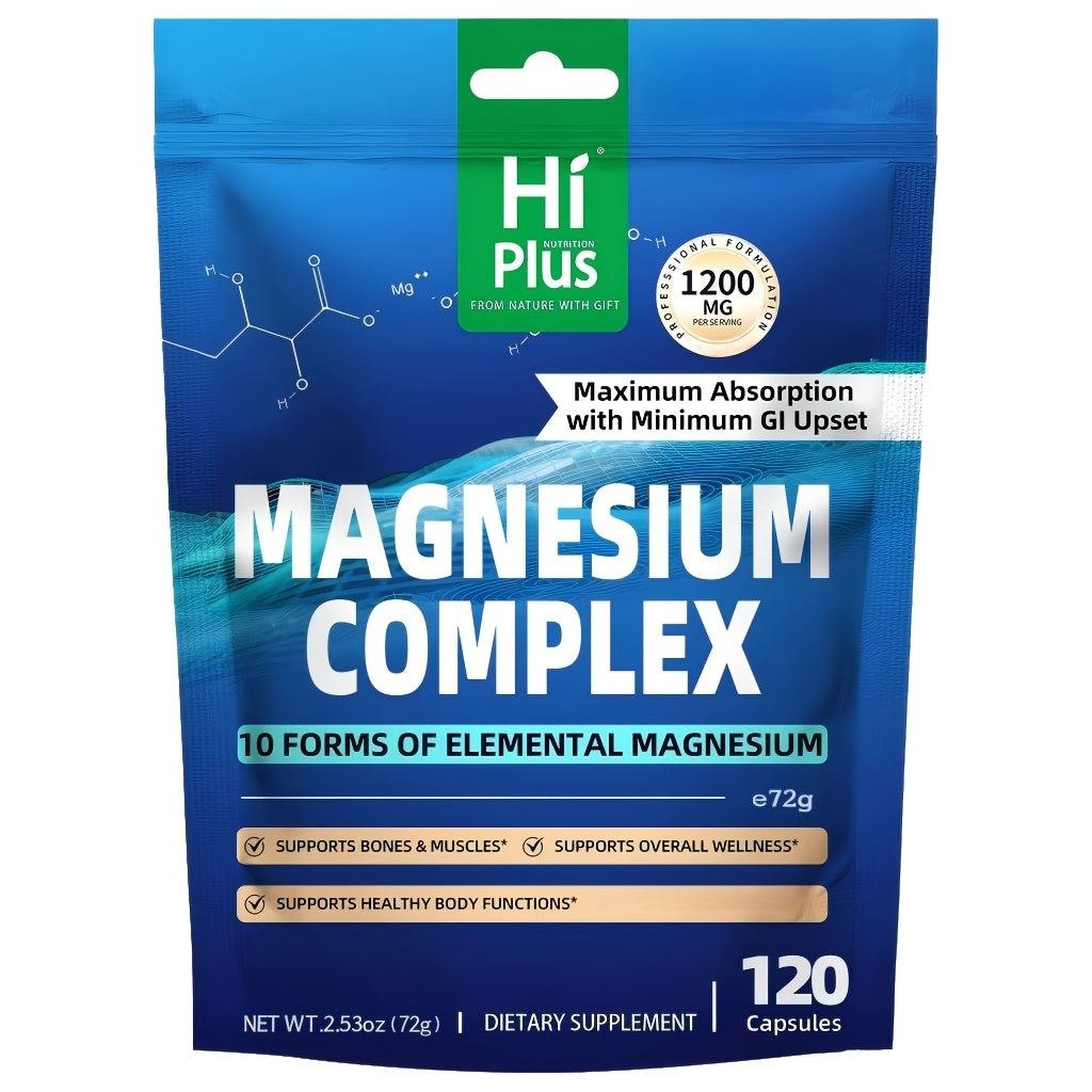 10-in-1 Magnesium Glycinate Complex (1200mg) - Full Spectrum High Absorption Blend - Supports Deep Sleep, Calm - Heart, Bone & Nerve Health - Gentle On Stomach - Vegan Supplement (120 Caps) By HiPlus