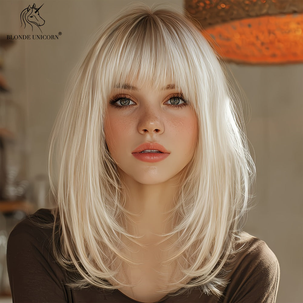 White Golden Wig with Bangs Synthetic Straight 14 Inch Shoulder Length Full Bangs Glueless High Temp Silk Fiber Rose Net Cap for Women Wedding Bridal Party Daily Wear