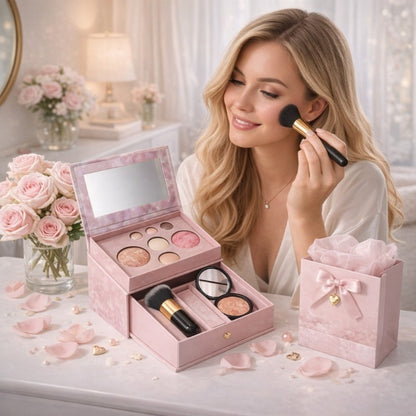 Baked Makeup Palette Set 3pcs - 7-Color Face Powder Blush Eyeshadow Trio & Concealer Brush - Portable Travel Compact for Flawless Finish - Valentine's Day Gift Set for Women All Skin Tones