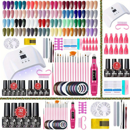 Gel Polish Kit with Grinder And Lamp, 35-color Gel Polish Combo, Includes Sparkly/Dull/Glossy Topcoat Base Gel, Nail Decorations, Rhinestone Nail Tools for DIY Beginners, Suitable for Home Salon