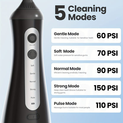 Cordless Water Flosser Portable Oral Irrigator 350ml Tank 5 Cleaning Modes One-Touch Operation IPX Waterproof Rechargeable Dental Flosser for Braces Gum Care Travel Home Use