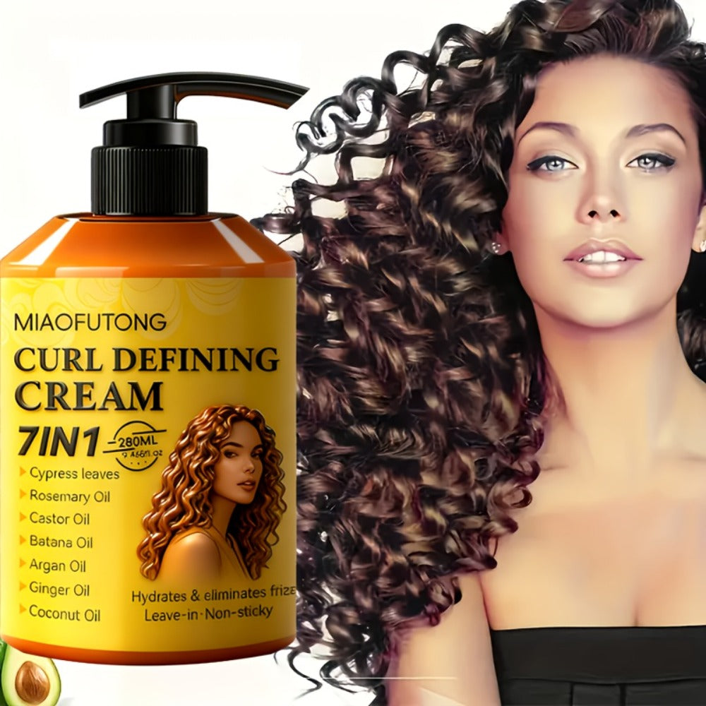 Curl Cream with 7-in-1 Hair Oil 280ml - Deep Moisture Defining Curl Cream Infused with Argan Oil Rosemary Castor Coconut Oil - Long-Lasting Voluminous Waves for Curly Wavy Hair