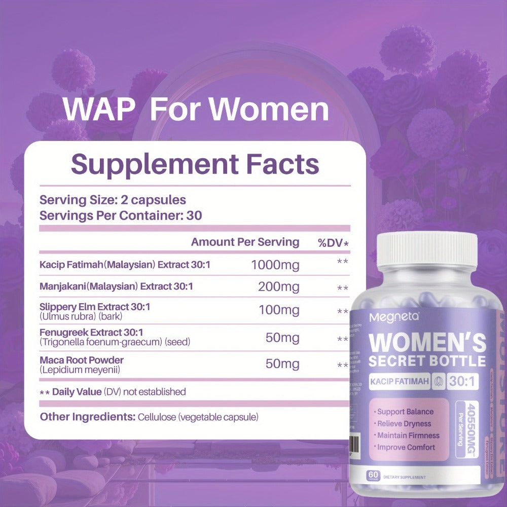 [Surprise! Ships in Valentine'S Day Packaging!!]Wap for Women: Herbal Blend with Kacip Fatimah, Fenugreek, Slippery Elm Bark, Manjakani And Maca Root for Moisture, PH Balance, Natural Elasticity, 60 Capsules, 30-Day Supply