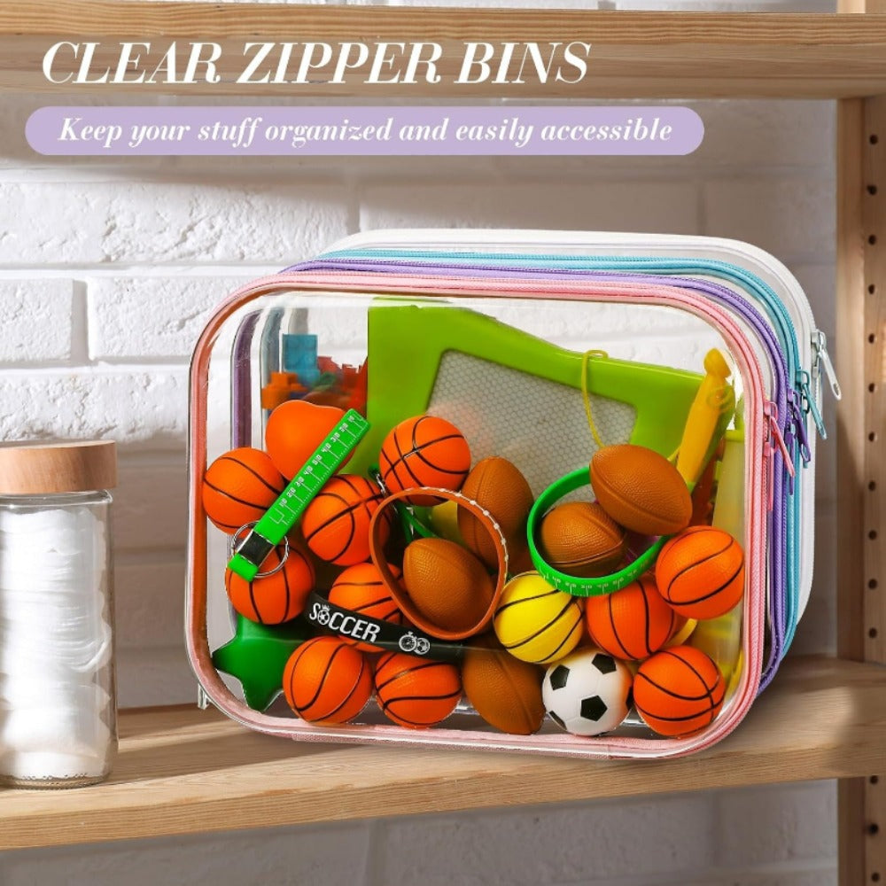 Four Piece Set of Hard Transparent Zipper Storage Bag, Plastic Pencil Case, Transparent Storage Box Suitable for Cosmetics, Snacks, Building Blocks, And Puzzles, Makeup Bag And Makeup Bag (Small, Medium, Large, Extra Large)