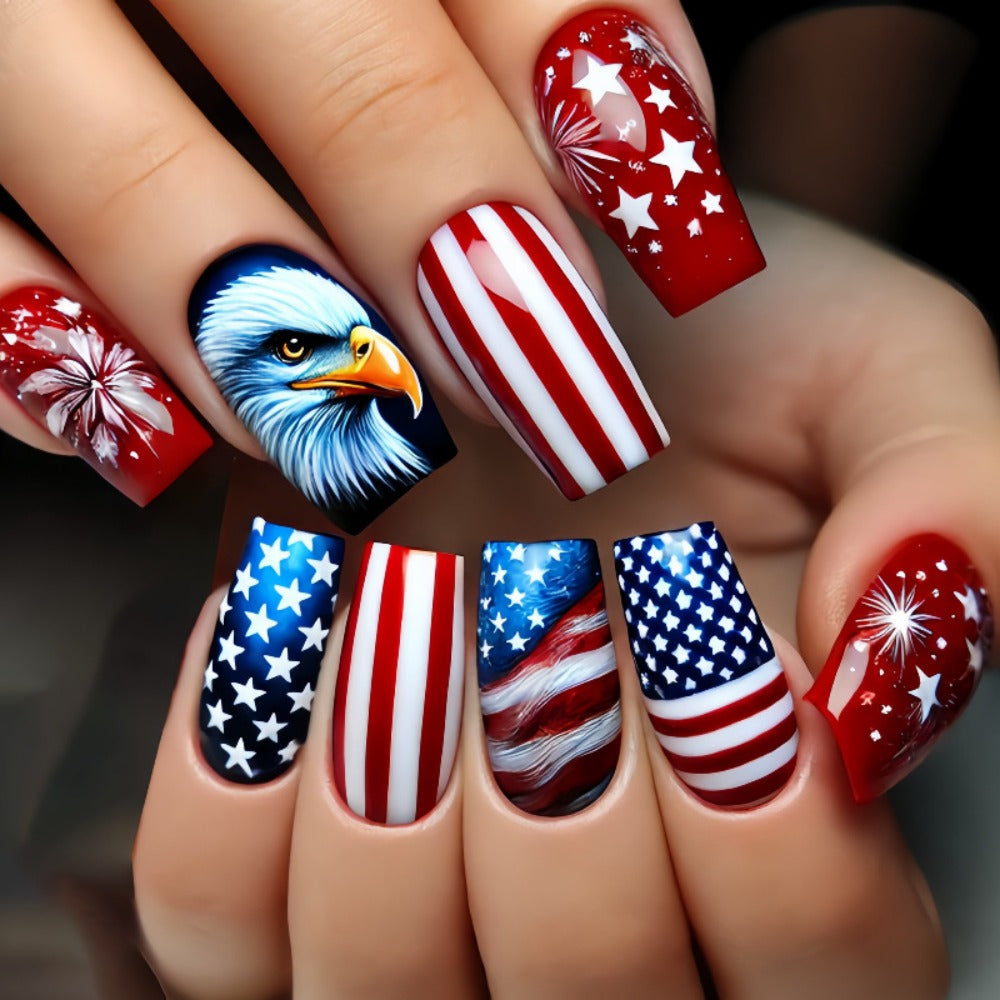 216pcs 4th of July Press On Nails - Red White Blue Stars Stripes Medium Coffin Acrylic Fake Nails, Full Cover Glossy Finish for Women, Patriotic Manicure Nail Art (9pcs), Festive Nail Designs, Festive Patterns, Striking Design Variety