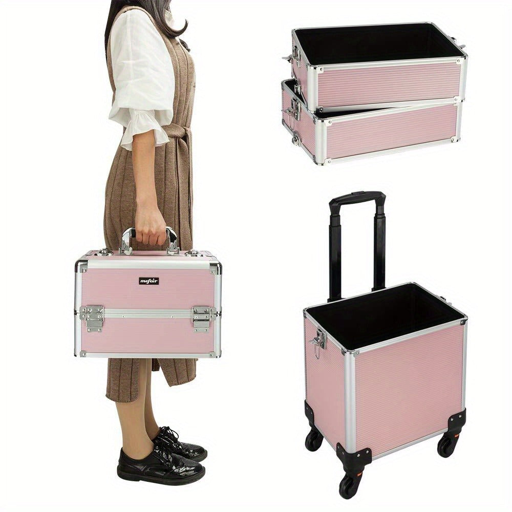 OmySalon 4in 1 Rolling Makeup Train Case, Aluminum Makeup Travel Organizer Cosmetic Case, Cosmetology Display Suitcase On Wheels, Beauty Storage Luggage Lockable W/4 Removable Wheels, Valentines Day Gift for Her, Valentine's Day And Other Festivals
