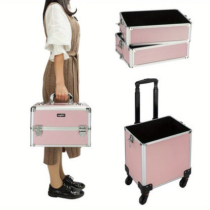 Rolling Makeup Train Case 4-in-1 Aluminum Lockable 4 Removable Wheels Collapsible Trays DIY Compartments Telescopic Rod Cosmetic Organizer Trolley for Makeup Artists Salon Travel Black Pink Rhinestone