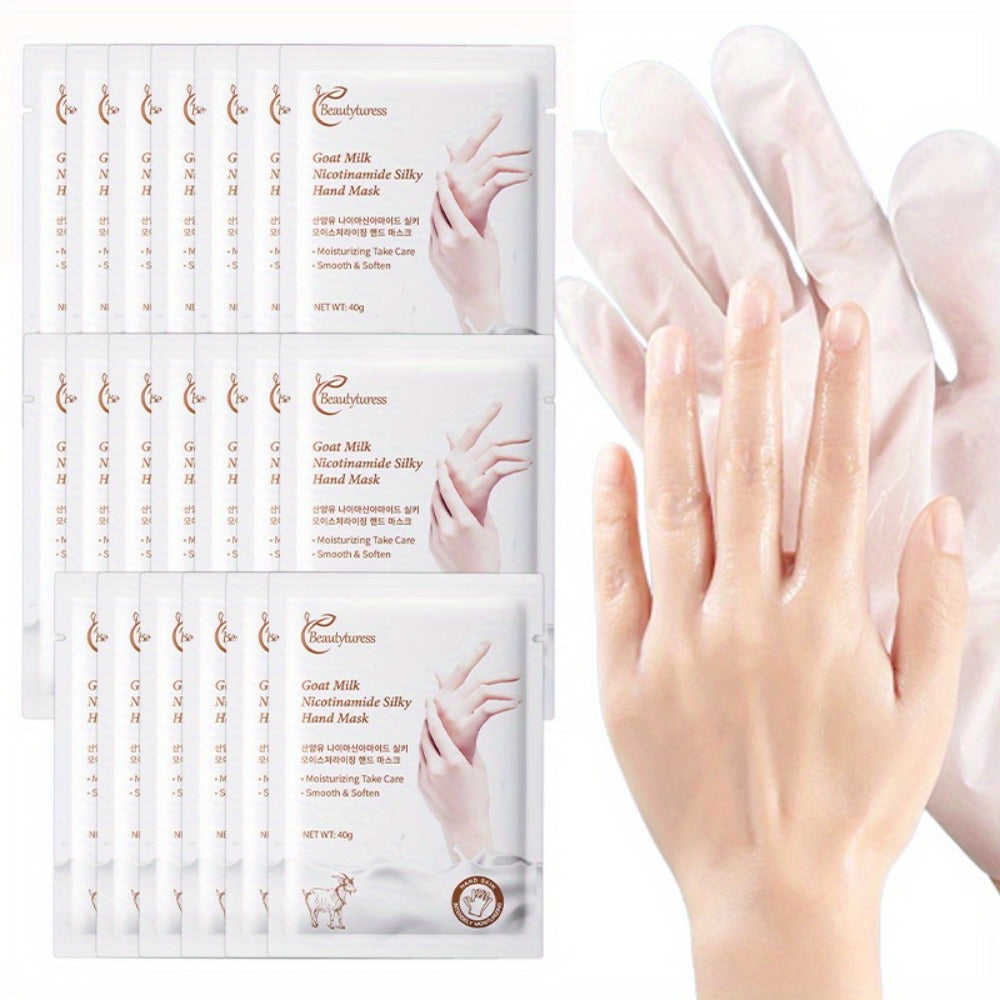Goat Milk & Nicotinamide Hand Masks - 20 Pairs, Hypoallergenic, Moisturizing, Glycerin-Infused, Unscented, for Smooth & Soft Hands