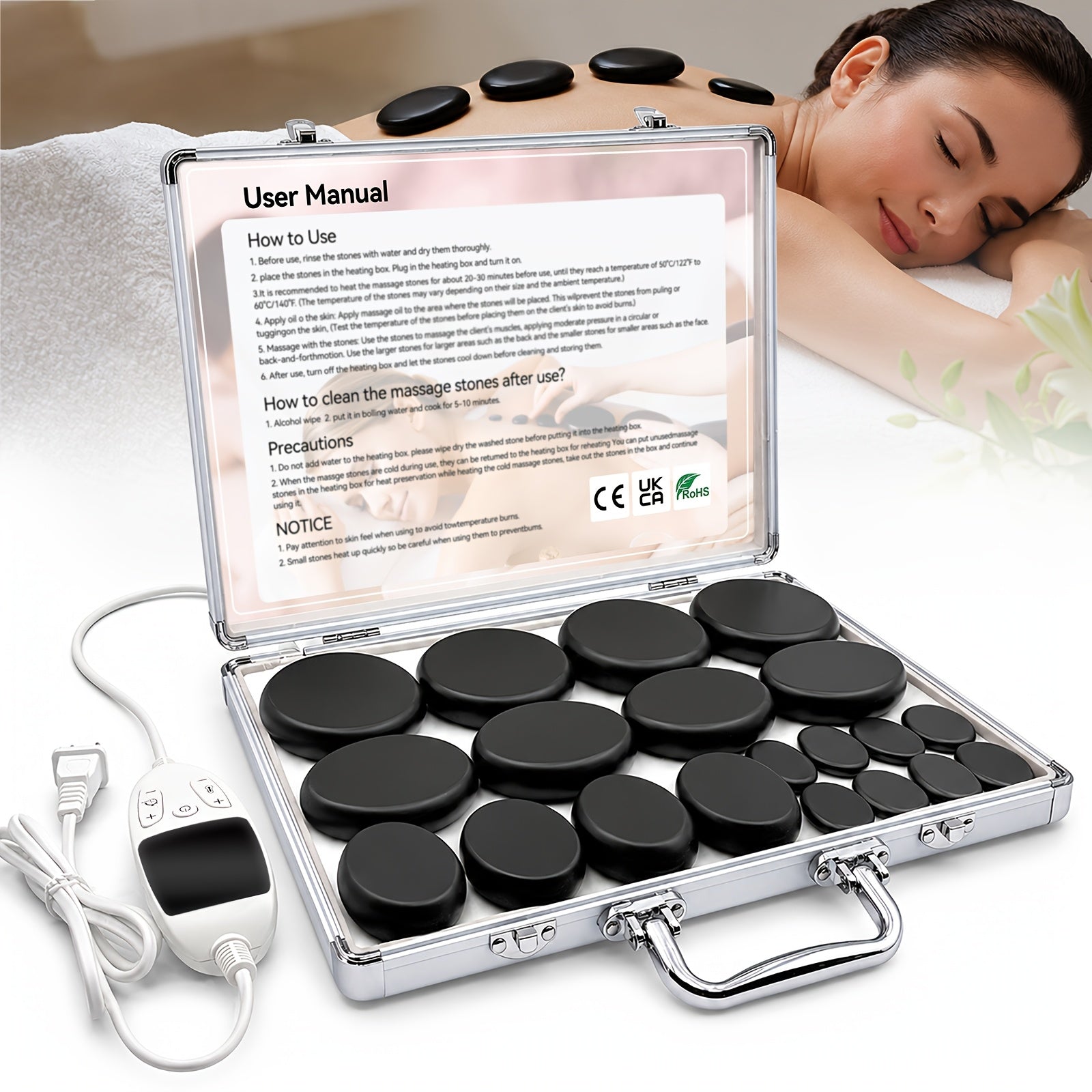 Hot Stones Massage Set With Temperature Adjustment-20pcs Hot Stones With Heater Kit, Professional Massage Tool For Spa-LSuitable For Neck, Back, Stomach, Leg And Body Massage