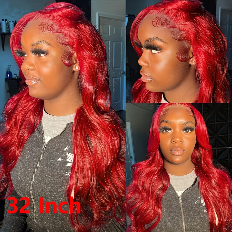 Body Wave Lace Front Wig Synthetic Glueless — Heavy Density, Long 26–34 Inch, Dark Brown, Red, Orange-Red & Black, Women's Wig for Daily Wear, Party & Cosplay