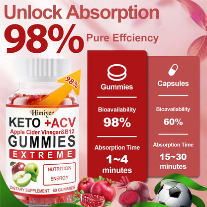 Apple Cider Vinegar Gummies with Pomegranate, Beet Juice & B12 - Keto ACV Gummies for Weight Management, Digestion & Energy - Vegan Probiotic Supplement for Men & Women, 60 Gummies