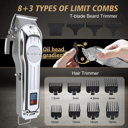 Professional Hair Clippers for Men Cordless Metal Barber Clipper with Zero Gap T-Blade LED Display & Guide Combs - Rechargeable Beard Trimmer Grooming Gift