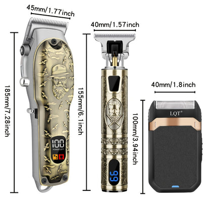 Electric Hair Clipper Set for Men LQT USB Charging 2000mAh with Engraving Scissors Metal Digital Display - 2 or 3 Piece Barber Kit for Home & Salon Bronze Gift