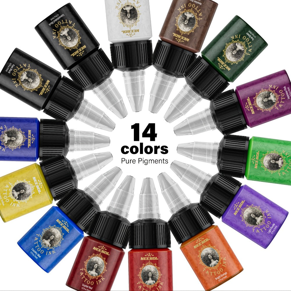 Tattoo Ink Set 14 & 21 Colors 0.5oz Per Bottle — Vibrant Long-Lasting Pigment Kit for All Tattoo Styles, Body Art & Permanent Makeup, Beginners & Professional Artists