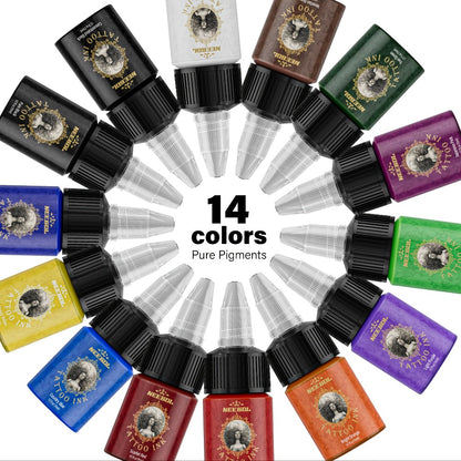 Tattoo Ink Set 14 & 21 Colors 0.5oz Per Bottle — Vibrant Long-Lasting Pigment Kit for All Tattoo Styles, Body Art & Permanent Makeup, Beginners & Professional Artists