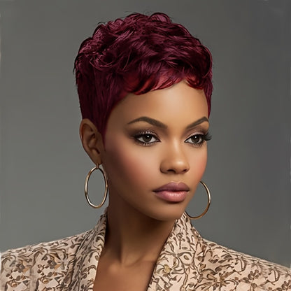 Short Pixie Cut Wig with Bangs Synthetic Body Wave Layered for Women Rose Net Cap Low Maintenance Casual Formal Daily Wear Multi Color