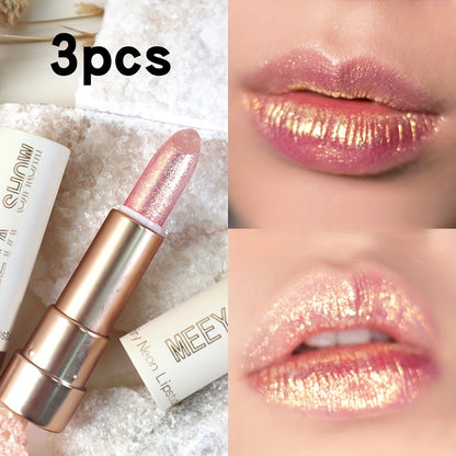 Glitter Shimmer Lipstick Set 3Pcs Pearlescent Pinkish Golden Creamy Lip Gloss Glossy Sparkle Lip Makeup for Party Stage Cosplay Valentine's Day Gift for Women