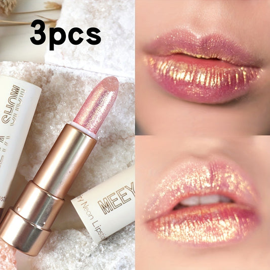 3pcs Pinkish Golden Pearlescent Lipstick Glossy Glitter Shimmer Lip Makeup Creamy Lip Gloss for Party Stage Cosplay Valentine's Day Gifts