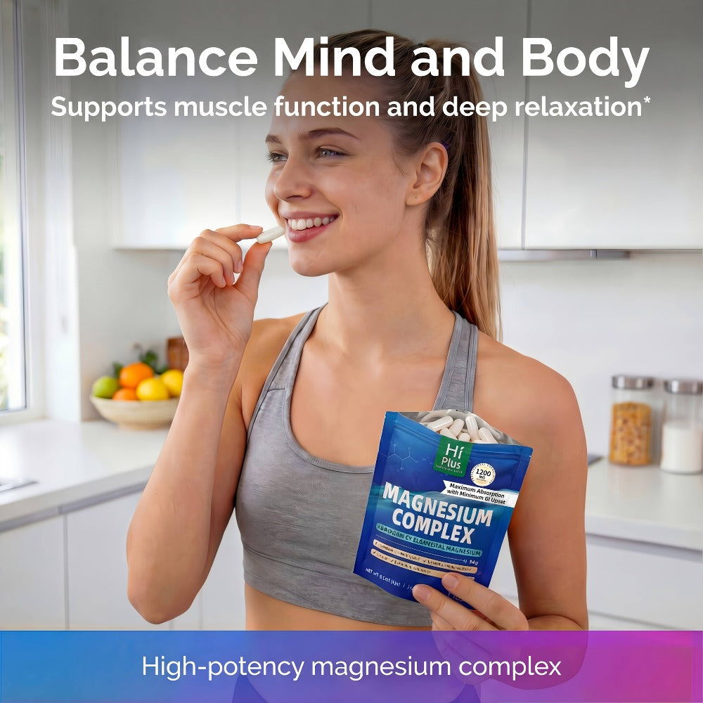 10-in-1 Magnesium Glycinate Complex (1200mg) - Full Spectrum High Absorption Blend - Supports Deep Sleep, Calm - Heart, Bone & Nerve Health - Gentle On Stomach - Vegan Supplement (120 Caps) By HiPlus