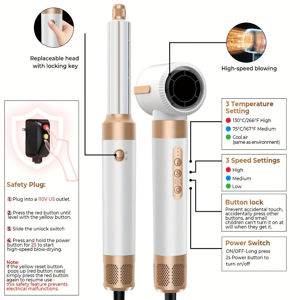 Hair Dryer Brush 7 in 1, 110000 RPM Hair Dryer with Diffuser for Curly And Twisted Hair Professional Ionic Brush Blow Dryer for Salon-Quality Styling, White Golden