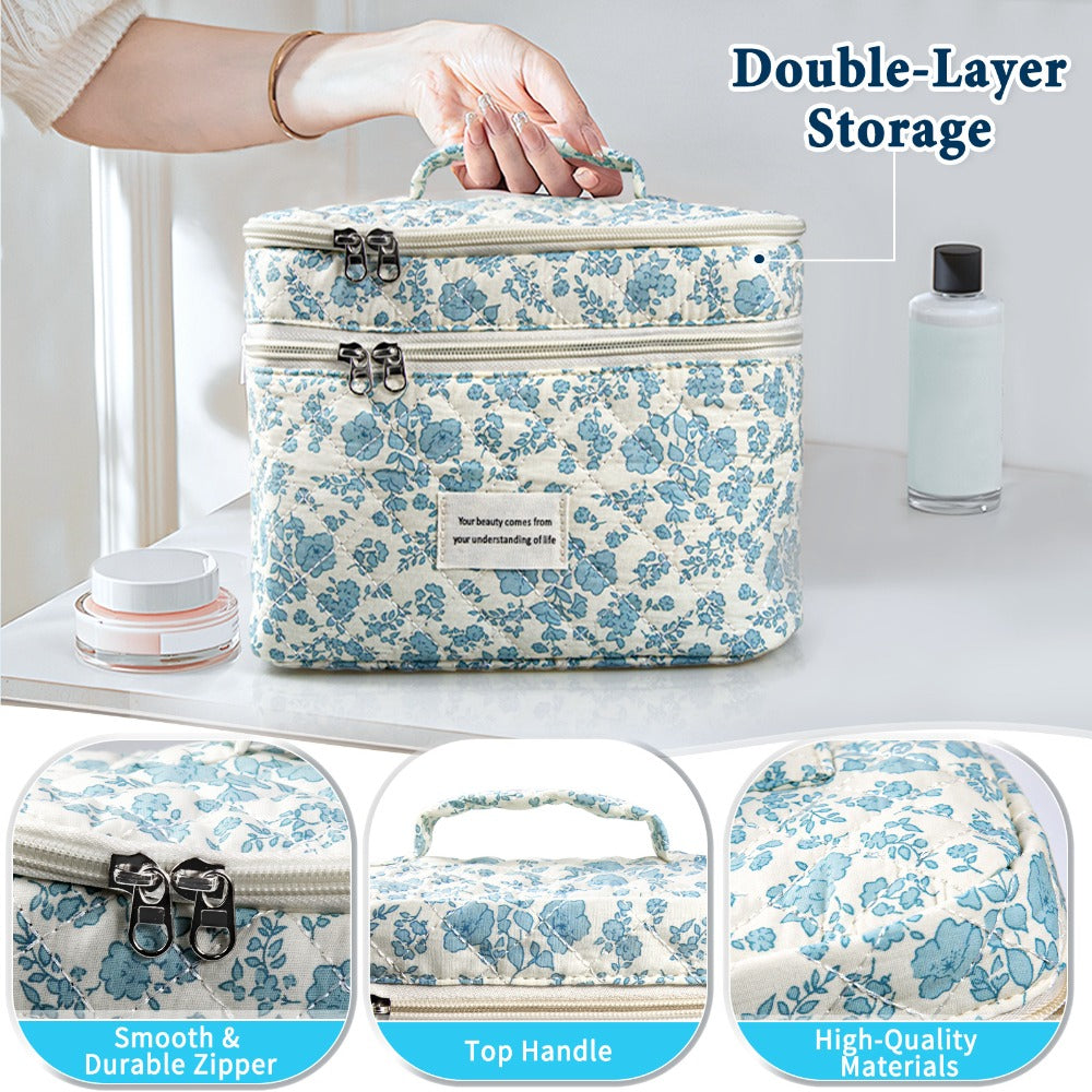 Large Capacity Dual Layer Cotton Makeup Cosmetic Bag (3PCS), Cute Quilted Travel Coquette Aesthetic Floral Make up Bag for Women Toiletry Bag (Blue Rose)