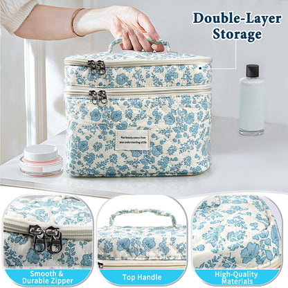 Quilted Floral Makeup Bag Set 3PCS Large Capacity Dual Layer Cotton Cosmetic Bag Coquette Aesthetic Travel Toiletry Bag for Women Girls Blue Rose Pink Floral