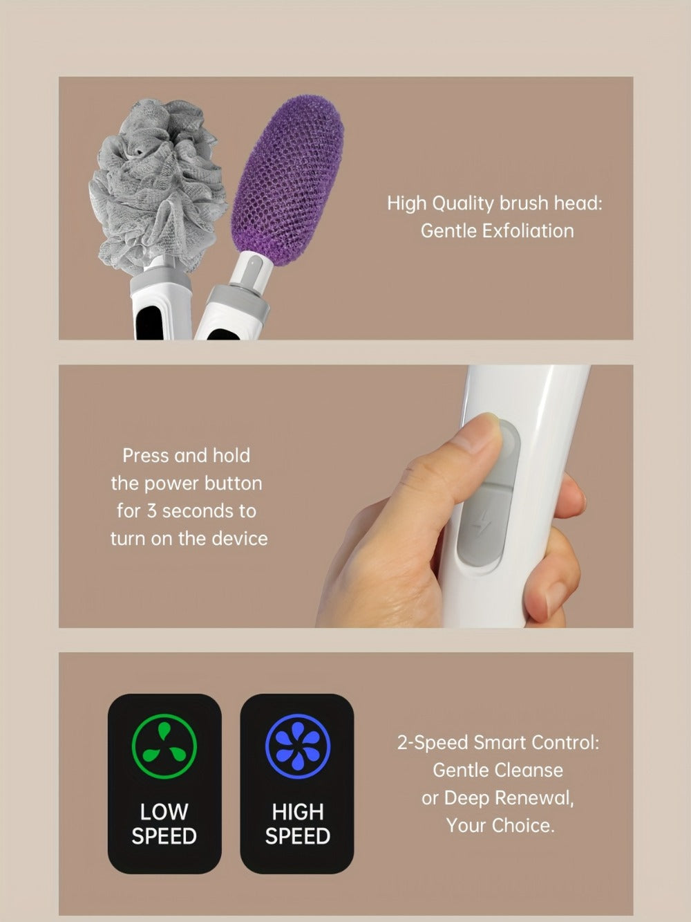 Electric Body Scrubber, African Bath Sponge Back Cleaner for Shower, Dual-Speed Bath Brush with 3 Replaceable Heads for Skin Cleansing, Exfoliation, And Massage