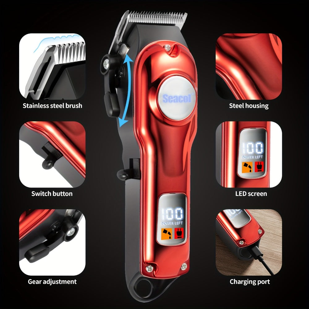 Professional Hair Clippers for Men - USB Rechargeable Electric Trimmer, LCD Display, 900mAh Battery, Limit Combs & Cleaning Brush Included, Black Red