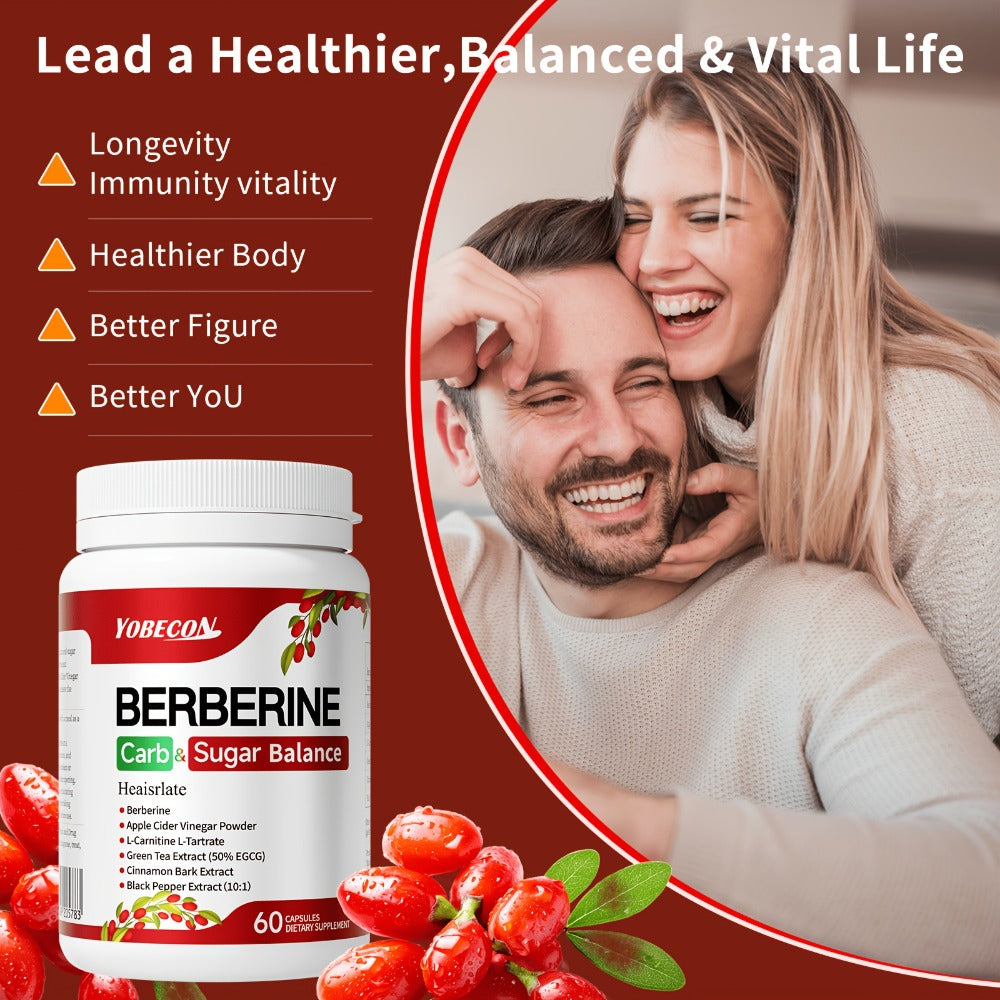 Berberine Capsules with Apple Cider Vinegar, Cinnamon And Green Tea Extract, Supports Healthy Body Shape, Blood Sugar & Digestion, 1Bottle/ 2 Bottles, Suitable for All Ages, 60 Capsules