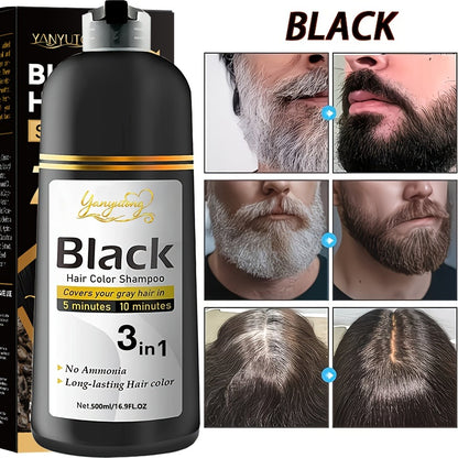 Beard & Hair Dye Shampoo Black — Natural Plant Pigments, Gentle on Scalp, Fast Gray Coverage for Hair & Beard, Easy Shampoo Application, Long-Lasting Color, 16.9 fl oz / 500ml