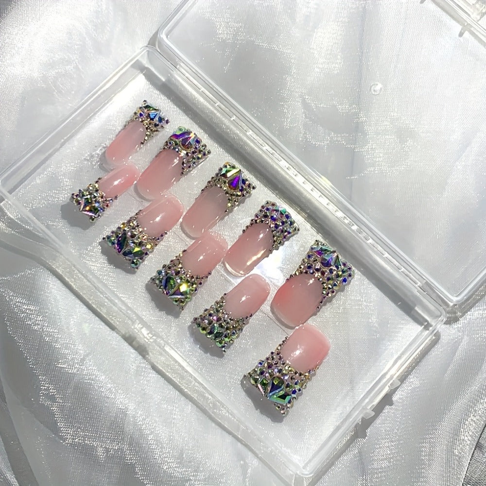 10pcs 1.18inch Long French AB Diamond Shiny Duckbill Nude Color Versatile Pure Handmade Wearable Nails Press-On Artificial Nails Suitable for Back-To-School Season, Parties, Dates, Weddings