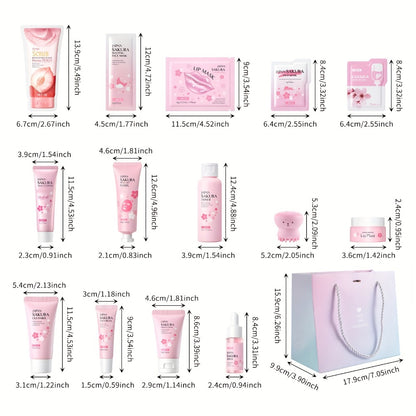 Sakura Skincare Gift Set 30pcs Hyaluronic Acid Gentle Cleansing Moisturizing Hydrating Facial Eye Care with Cleansing Brush Hairband for Women