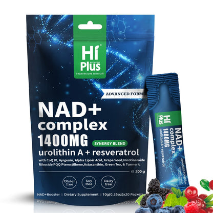 NAD+ Supplement 1400mg Liposomal with Nicotinamide Riboside PQQ & Trans-Resveratrol – Cellular Energy, Focus & Antioxidant Support | HiPlus Berry Flavor Portable Sachets (20 or 40 Packs)