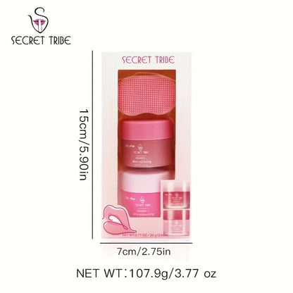 Lip Care Set 3pcs - Lip Mask, Lip Balm & Lip Brush Kit with Natural Ingredients for Hydration, Exfoliation & Lip Color Enhancement, Strawberry & Peach Scent