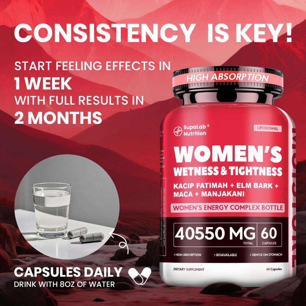 Women's WETNESS & TIGHTNESS Capsules - Natural Hydration & Elasticity, Comfort & Confidence, Postpartum Health- with Kacip Fatimah, Fenugreek, Slippery Elm, Manjakani, And Maca Root, 30 Servings