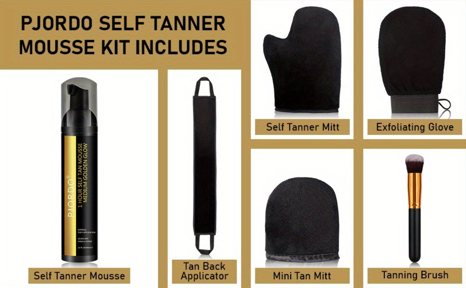 6pcs Pjordo Self Tanner 3.38oz Set, Self Tanner Mousse With Self Tanning Mitt Applicator Kit, 1 Hour Sunless Tanner, Fast Self Tan, Long Lasting Self Tanning Foam, No Fake Tan Smell, Holiday Gifts