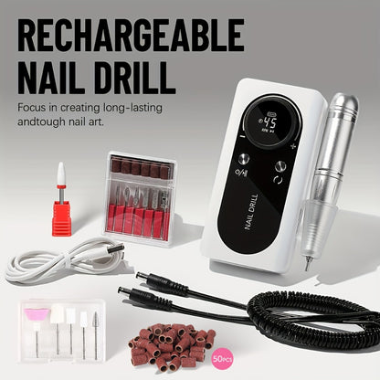Nail Drill Machine 45000RPM Low Noise Rechargeable — Electric E-File with LCD Display for Gel Polish Acrylic Natural Nails, Professional Quiet Manicure Polishing Tool for Home & Salon, White Purple Pink