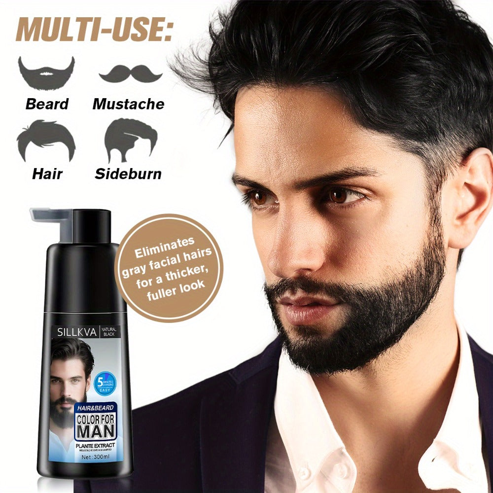 Hair & Beard Dye Shampoo for Men 3-in-1 Black — 8-Minute Gray Coverage, Ammonia-Free, Long-Lasting Natural Color, Quick & Easy Application, 10 oz, 1 & 2 Pack Options