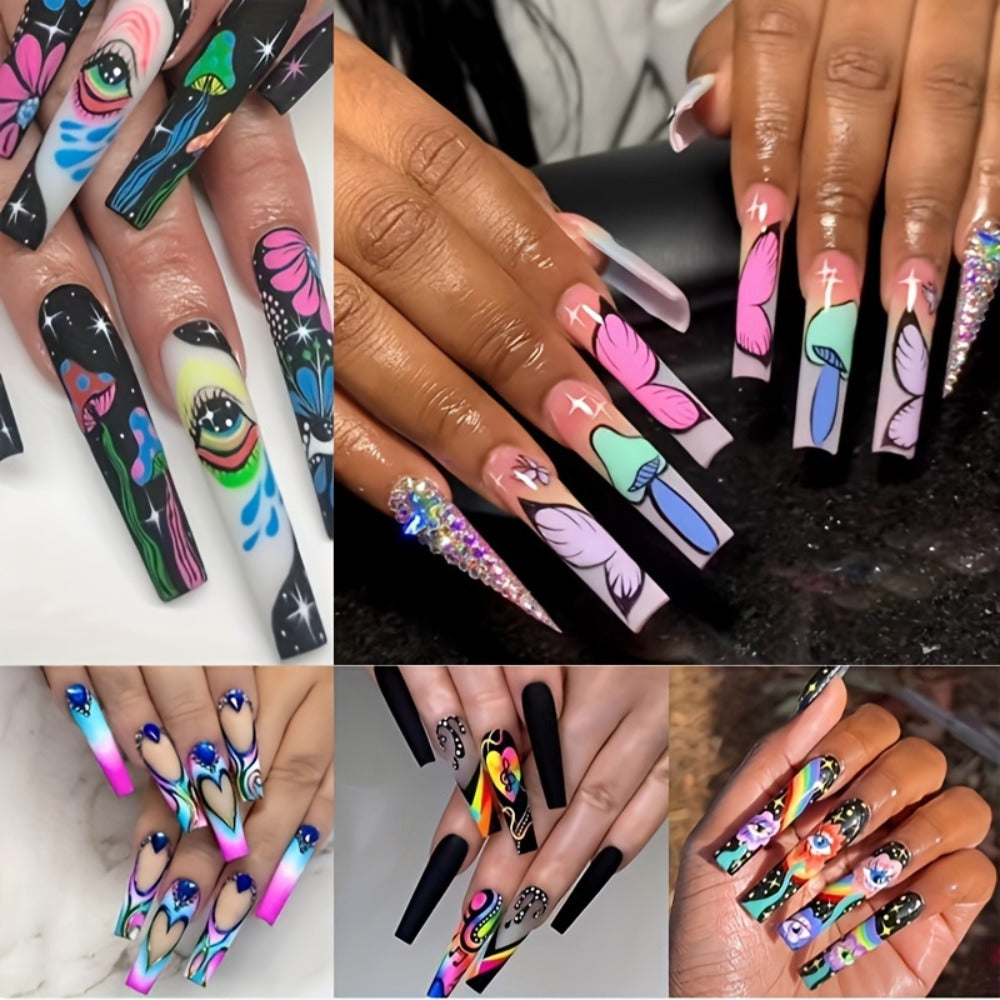 5 Boxes (120pcs Extra Long Press on Nails Fake Nails Set - Cosmic Eyes And Crystal Rhinestones Matte with Glue on Nails Colorful Stripes Floral Patterns Wearable Nail Art Festive Gift Set