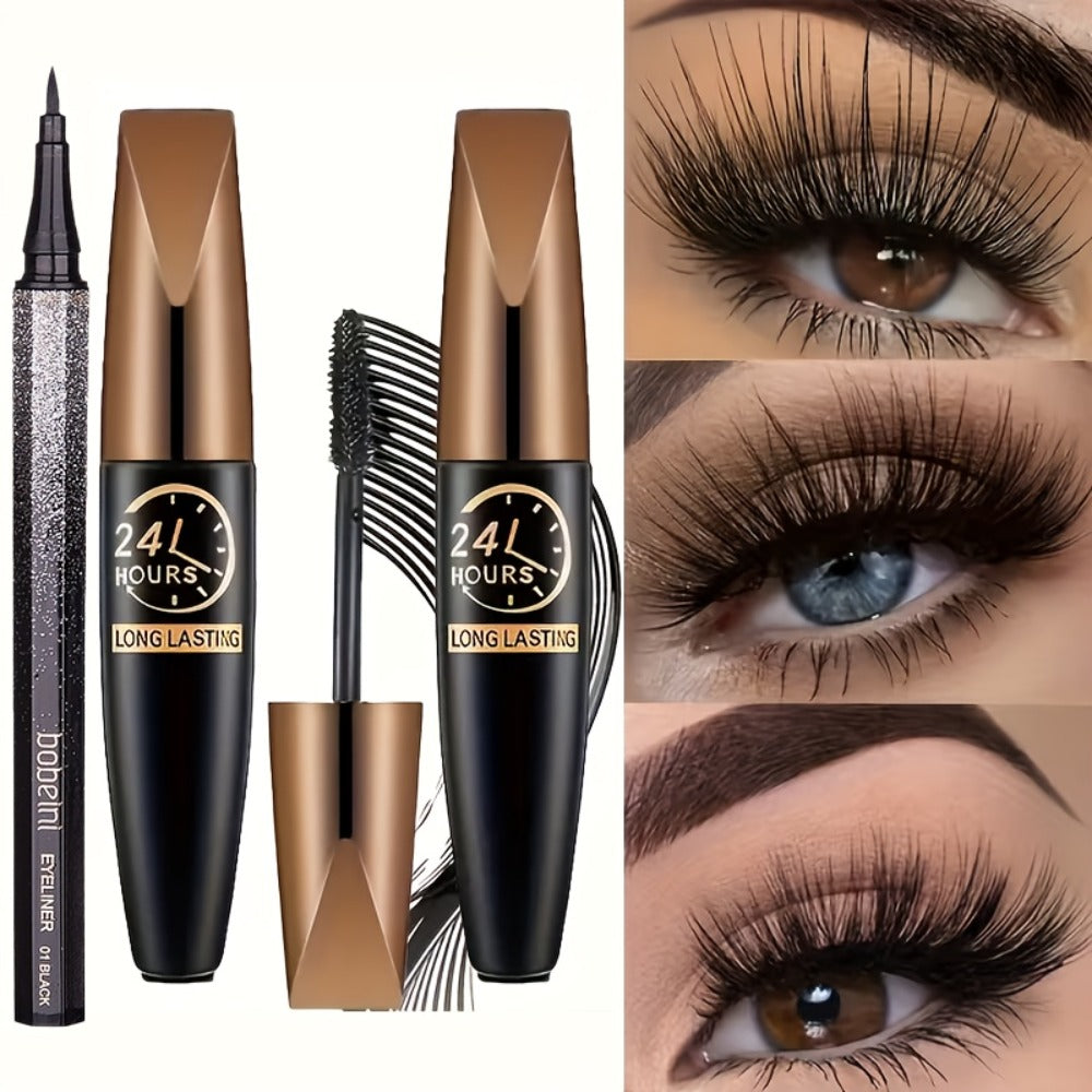 Mascara 8D Fiber Volume & Lengthening Smudge-Proof Waterproof Lash Enhancer, Long-Lasting Black Mascara Set with Eyeliner Pencil, Luxury Beauty Gift for Her