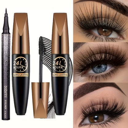 Mascara 8D Fiber Volume & Lengthening Smudge-Proof Waterproof Lash Enhancer, Long-Lasting Black Mascara Set with Eyeliner Pencil, Luxury Beauty Gift for Her