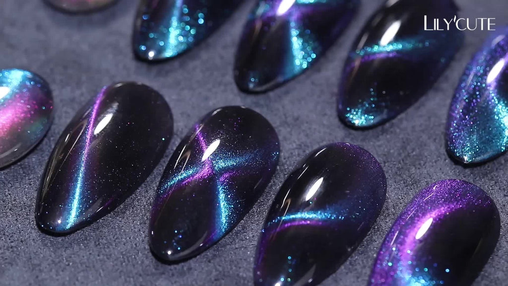 LILYCUTE 0.24oz 8pcs of Black Crystal Cat Magnetic Gel Nail Polish with Aurora Glitter, Semi-Permanent Gel for Nail Art, No Base Color Required